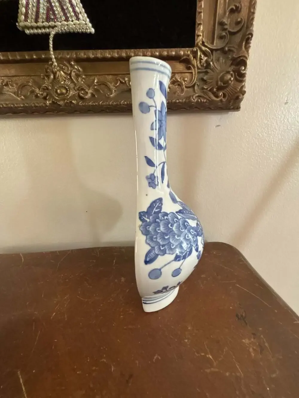 Vintage Blue and White Porcelain Chinoiserie Floral Wall Pocket Vase
